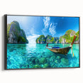 Framed canvas wall art showcasing a vibrant beach landscape design, featuring a tranquil ocean view with a sunset palette, displayed from a black side angle.