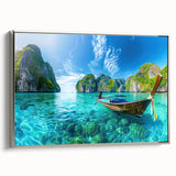 Framed canvas wall art showcasing a serene beach landscape in soft pastel colors, elegantly bordered with a silver frame, perfect for coastal-themed decor.