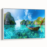 Framed canvas wall art featuring a serene beach landscape with soft pastel colors and white frame, ideal for modern home decor and coastal themes.