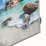 Vibrant close-up of a stunning acrylic glass wall art piece showcasing a serene beach landscape, featuring rich blues and sandy textures, perfect for coastal decor.