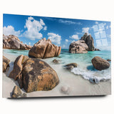 Acrylic glass wall art collection showcasing a serene beach landscape, highlighting vibrant colors and intricate details in a side view, perfect for home decor.
