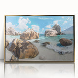 Framed wall art showcasing a serene beach landscape with golden accents, perfect for home decor. The acrylic front adds a modern touch to any room.