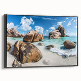Framed canvas wall art showcasing a serene beach landscape design with vibrant colors, featuring a sleek black frame and side view perspective, ideal for home decor.