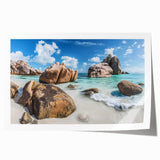 Vibrant wall art print showcasing a serene beach landscape with golden sand and turquoise waves, elegantly rolled and ready for framing. Ideal for coastal decor enthusiasts.