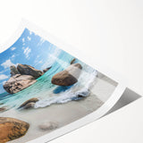Vibrant rolled print showcasing a serene beach landscape with soft waves and golden sand, beautifully designed for home or office decor, delivered in protective packaging.
