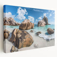 Stretched canvas wall art featuring a serene beach landscape design, showcasing vibrant sunset colors and gentle waves, perfect for coastal decor enthusiasts.