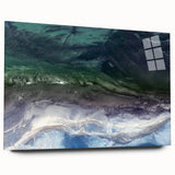 Acrylic glass wall art collection showcasing a vibrant beach landscape scene, displayed in a sleek side view without pins, ideal for modern home decor.