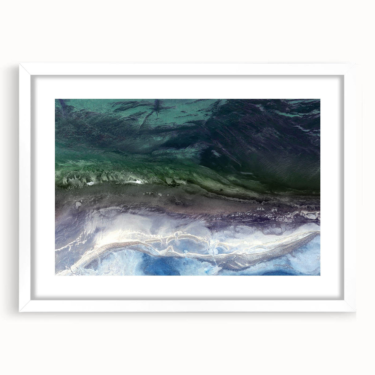 Framed wall art collection showcasing a serene beach landscape with soft pastel colors, presented in a white mat and sleek frame, ideal for home decor.