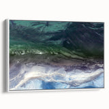 Framed canvas wall art showcasing a serene beach landscape with soft pastel colors, elegantly displayed in a white frame, perfect for coastal-themed decor.