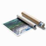 Rolled print of a serene beach landscape, showcasing soft pastel colors and gentle waves, perfect for home decor. Packaged securely in a cardboard tube for easy shipping.