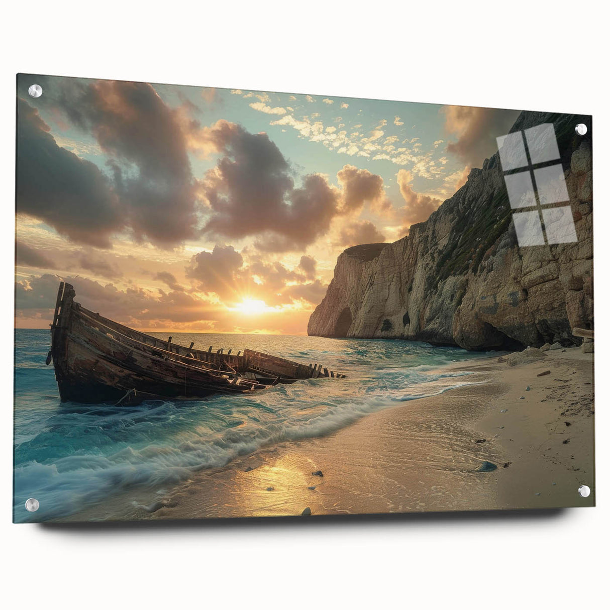 Acrylic wall art collection showcasing a vibrant beach landscape design, displayed from the side with decorative pins. Perfect for coastal-themed home decor or art enthusiasts.