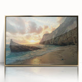 Framed acrylic wall art featuring a stunning beach landscape design with vibrant colors and a gold frame, perfect for enhancing modern home decor.