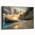 Framed canvas wall art showcasing a serene beach landscape with vibrant colors and intricate details, presented from a black side view, perfect for home decor.