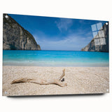 Acrylic glass wall art featuring a vibrant beach landscape design, displayed from a side view with decorative pins, ideal for modern home decor.