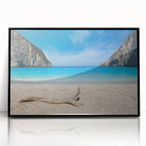 Framed wall art collection showcasing a vibrant beach landscape design with acrylic finish, featuring deep blue skies and sandy shores, ideal for coastal decor.