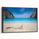 Framed canvas wall art depicting a serene beach landscape with lush palm trees, vibrant blue skies, and gentle waves, presented in a sleek black frame. Ideal for coastal decor enthusiasts.
