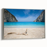 Framed canvas wall art collection showcasing a serene beach landscape with vibrant colors, featuring a silver frame and side view perspective, perfect for home decor.