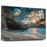 Acrylic glass wall art featuring a serene beach landscape design in vibrant colors, presented from a side view, showcasing its sleek modern aesthetic. Perfect for enhancing home decor.