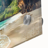 Vibrant close-up of a coastal landscape wall art piece, showcasing acrylic glass with rich blue and sandy tones, perfect for beach-themed decor.