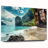 Side view of an acrylic glass wall art piece showcasing a vibrant beach landscape design, featuring bright colors and intricate details, elegantly displayed with decorative pins.