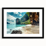 Framed wall art featuring a serene beach landscape design with vibrant colors, presented in a sleek black frame with a white mat, ideal for home decor.