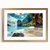 Elegant gold-framed wall art showcasing a serene beach landscape with vibrant colors and intricate details, perfect for enhancing home decor and creating a calming atmosphere.