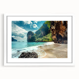 Framed wall art showcasing a serene beach landscape with vibrant colors, presented in a white mat frame, ideal for home decor or coastal-themed interiors.
