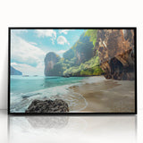 Framed acrylic wall art showcasing a serene beach landscape with vibrant colors, featuring dynamic waves and a clear sky, ideal for coastal-themed decor.