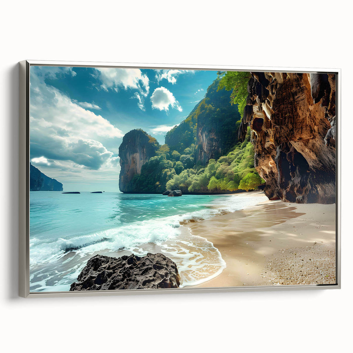 Framed canvas wall art showcasing a serene beach landscape with vibrant colors, silver frame, and elegant design, perfect for home decor.
