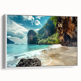 Framed canvas wall art showcasing a serene beach landscape with vibrant colors, featuring soft waves and a sunset backdrop, perfect for coastal decor.