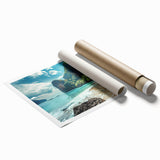 Rolled print of a serene beach landscape featuring soft blue waves and golden sand, ideal for coastal decor. Packaged securely in a cardboard tube for delivery.