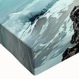 Close-up of a stretched canvas featuring a vibrant beach landscape design with soft waves and golden sand, perfect for home decor and relaxation themes.