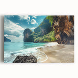 Stretched canvas wall art showcasing a serene beach landscape with vibrant colors, perfect for adding a coastal vibe to home decor. Ideal for beach lovers and interior design enthusiasts.