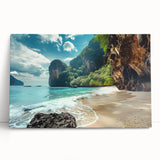 Stretched canvas wall art showcasing a serene beach landscape with vibrant blue skies and soft white waves, perfect for coastal home decor and relaxation.