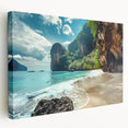 Stretched canvas wall art showcasing a serene beach landscape with vibrant colors, perfect for home decor. Side view highlights its crisp edges and modern design.