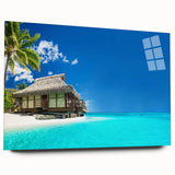 Acrylic glass wall art showcasing a vibrant beach landscape design, featuring vivid colors and detailed textures, displayed in a modern side view without pins.