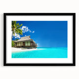 Framed black wall art depicting a serene beach landscape, showcasing vibrant colors and fine details, perfect for enhancing modern home decor.
