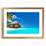 Framed wall art featuring a vibrant beach landscape design with golden accents, ideal for home decor, showcasing a serene ocean view and soft pastel colors.