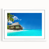 Framed beach landscape wall art with a white mat, showcasing vibrant ocean waves and sandy shores, ideal for coastal-themed home decor.