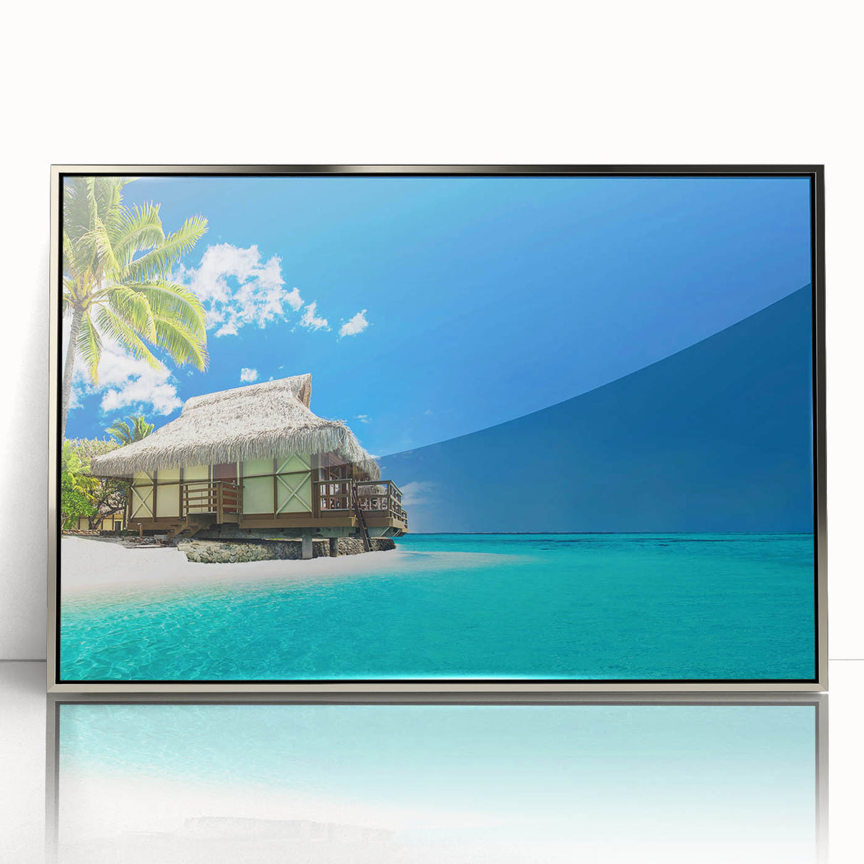 Framed wall art collection showcasing a serene beach landscape, featuring vibrant colors and detailed textures, with a sleek silver frame enhancing its elegance. Perfect for coastal decor enthusiasts.