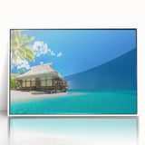 Framed acrylic wall art featuring a serene beach landscape with soft pastel colors, enhancing any modern decor. Ideal for coastal-themed interiors.