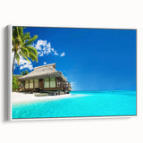 Framed canvas wall art showcasing a serene beach landscape with vibrant blues and soft sandy hues, designed to enhance modern home decor. Ideal for coastal aesthetics.