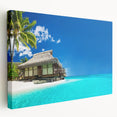 Stretched canvas wall art showcasing a serene beach landscape design with vibrant colors, perfect for home decor or coastal-themed interiors, viewed from the side.