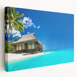 Stretched canvas wall art showcasing a serene beach landscape design with vibrant colors, perfect for home decor or coastal-themed interiors, viewed from the side.