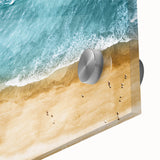Close-up of a vibrant acrylic glass wall art piece showcasing a serene beach landscape, featuring vivid colors and intricate details, perfect for enhancing modern decor.