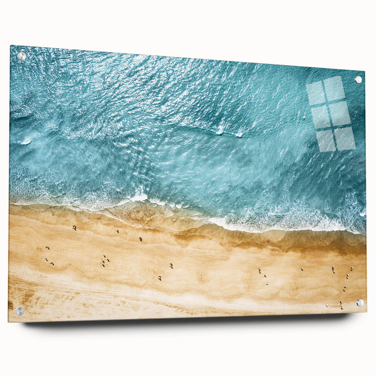 Acrylic glass wall art collection showcasing a picturesque beach landscape, framed with pins for easy display. The vibrant colors highlight serene ocean waves and sandy shores, perfect for home decor enthusiasts seeking coastal themes.