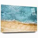 Acrylic glass wall art featuring a serene beach landscape design, showcasing vibrant colors and fine details, displayed from a side view without pins for a sleek presentation.