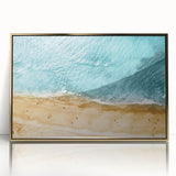 Framed acrylic wall art depicting a serene beach landscape, featuring golden hues and vibrant colors, perfect for enhancing modern home decor.