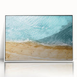 Framed acrylic wall art collection showcasing a serene beach landscape design, featuring vibrant colors and a sleek white frame, perfect for modern decor.