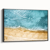 Framed canvas wall art showcasing a serene beach landscape design, featuring vibrant colors and a black frame, ideal for home decor enhancement.
